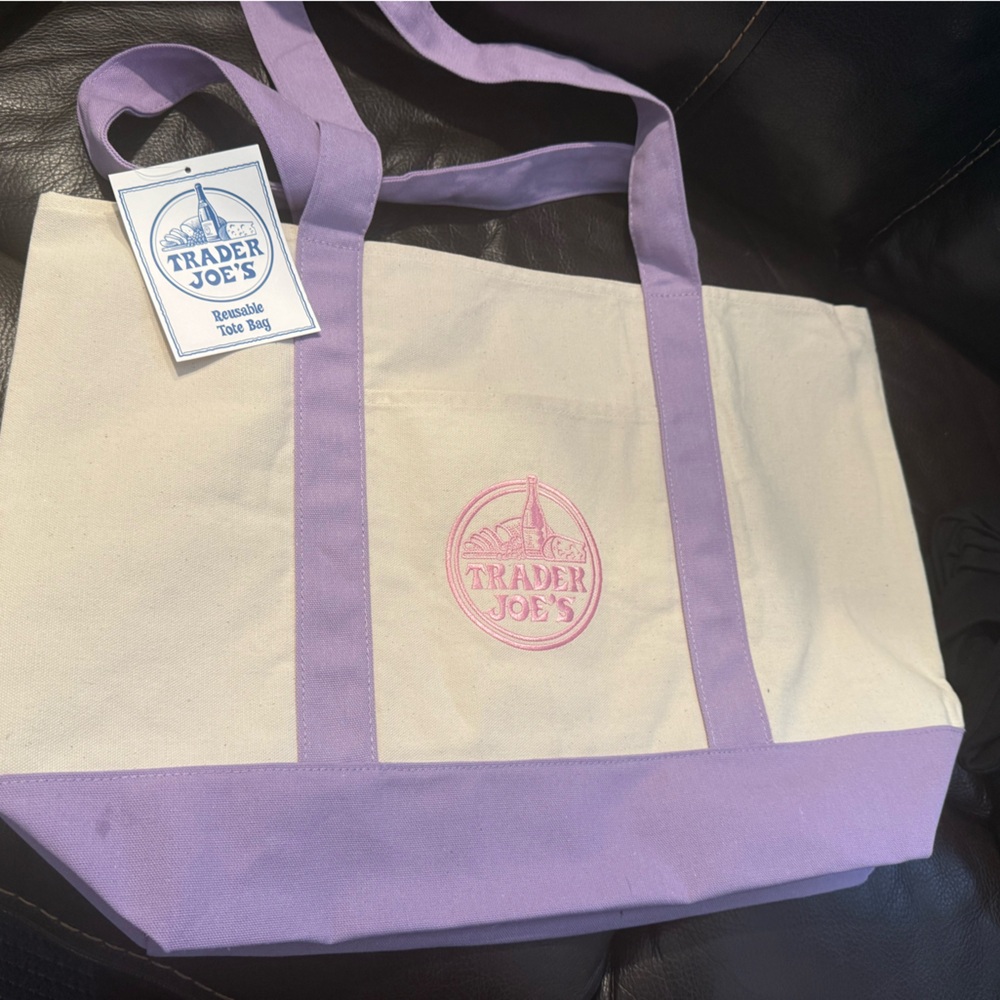 Trader Joe's Cream Canvas Tote with Lavender Trim 14”x20”